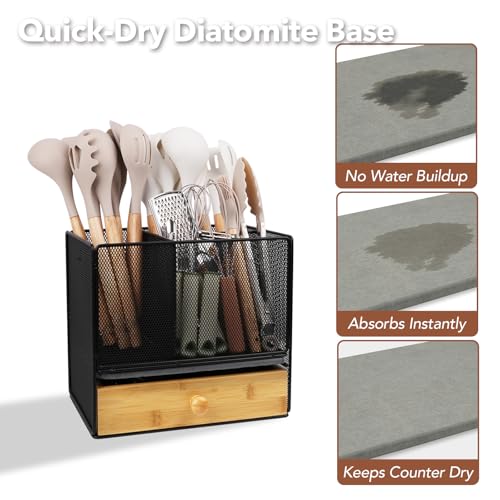 Kitchen Utensil Holder Countertop,Extra Large Utensil Organizer with Drawer | 2-Tier Utensil & Silverware Organizer for Kitchen Counter, Cooking Utensil Cutlery Caddy, Quick Dry Diatomite Base