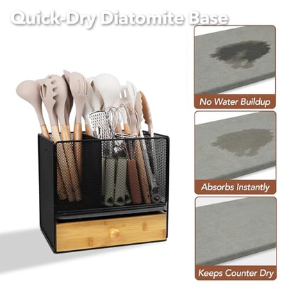 Kitchen Utensil Holder Countertop,Extra Large Utensil Organizer with Drawer | 2-Tier Utensil & Silverware Organizer for Kitchen Counter, Cooking Utensil Cutlery Caddy, Quick Dry Diatomite Base