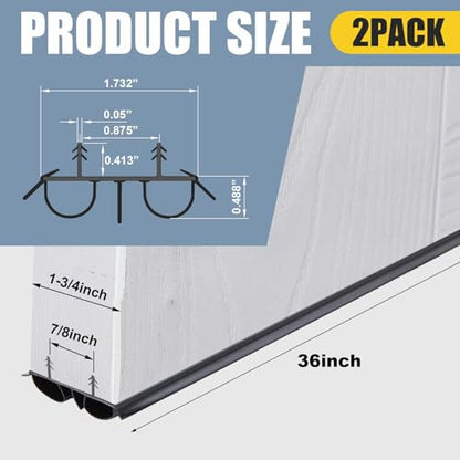 Pushglossy 2 Pcs 36" Double Bubble Kerf Door Sweep 1-3/4" Wide Vinyl Weatherstrip Seal for Exterior Doors, Energy Efficient Draft Stopper, Easy Slide in Installation, Blocks Dust/insects/noise (Black)