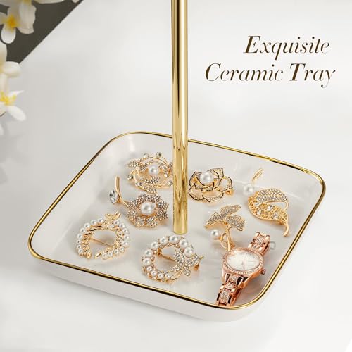 Jewelry Holder Stand with Ceramic Base, Necklace Tree: 12"Tall, 6.7"Base, Gold