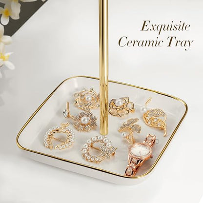 Jewelry Holder Stand with Ceramic Base, Necklace Tree: 12"Tall, 6.7"Base, Gold
