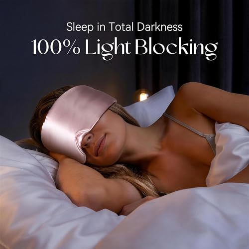 Silk Sleep Mask 22 Momme 100% Mulberry Silk & 3.5cm Silk Hairband Set for Side Sleeper Women Men,Light Blocking Nose Pad, Adjustable Silent Strap,Eye Mask fo Home & Travel Use (Pink)