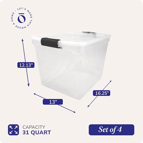 HOMZ Clear Plastic Storage Bins with Latching Lids, 31 Qt, Gray, 4 Pack | Stackable Container Set for Home, Office Shelves, Kitchen, Garage, and Bathroom Organization