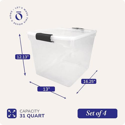 HOMZ Clear Plastic Storage Bins with Latching Lids, 31 Qt, Gray, 4 Pack | Stackable Container Set for Home, Office Shelves, Kitchen, Garage, and Bathroom Organization