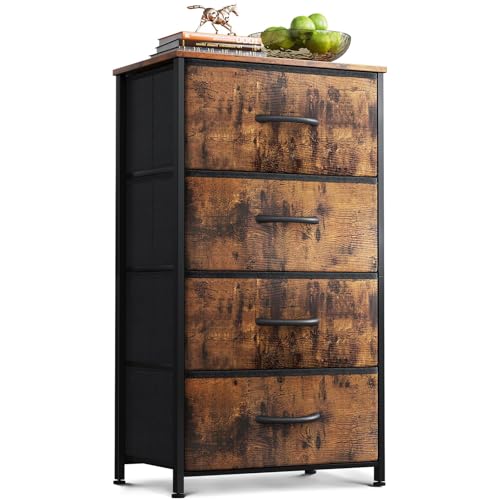 AODK Small Dresser for Bedroom with 4 Storage Drawers, Vintage | Dressers Chest of Drawers Fabric Dresser with Sturdy Steel Frame, Dressers for Closet with Wood Top