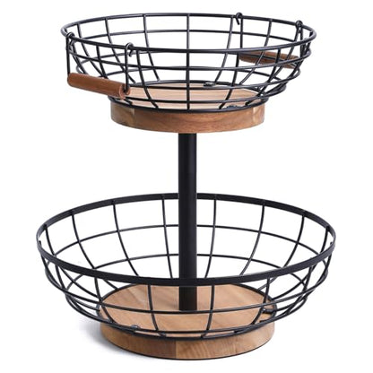 2-tier Fruit Basket Bowl,Metal Basket with Wooden Base,Fruit and Vegetable Storage with Banana Hanger,Fruit Basket for Kitchen Counter Organizer.