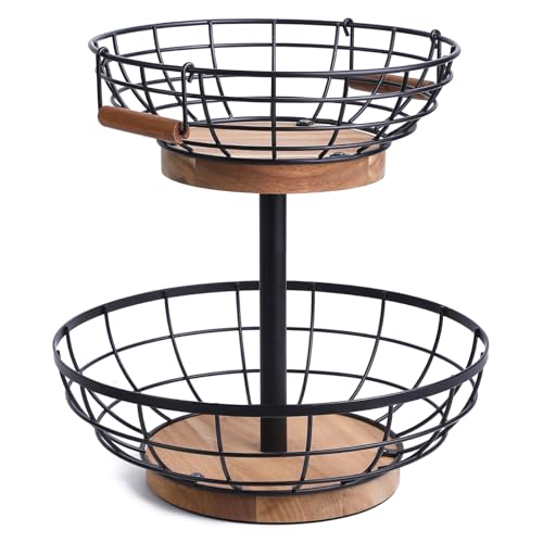 2-tier Fruit Basket Bowl,Metal Basket with Wooden Base,Fruit and Vegetable Storage with Banana Hanger,Fruit Basket for Kitchen Counter Organizer.