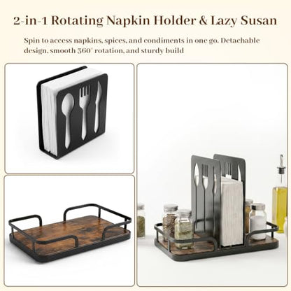 Napkin Holder for Table with Salt and Pepper Shakers Caddy, Farmhouse Kitchen Counter Organizer with Bamboo Base, Dining Table Napkin Holder for Restaurant Home Decor