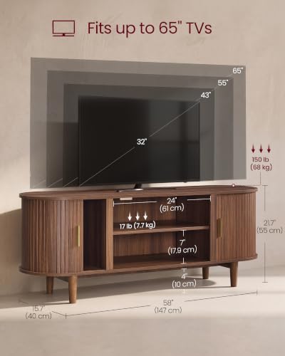 VASAGLE TV Stand for 65-Inch TVs, Mid Century Entertainment Center with Storage, Fluted Sliding Doors, Media Console Table for Living Room, Bedroom, Chestnut Walnut ULTV633K101