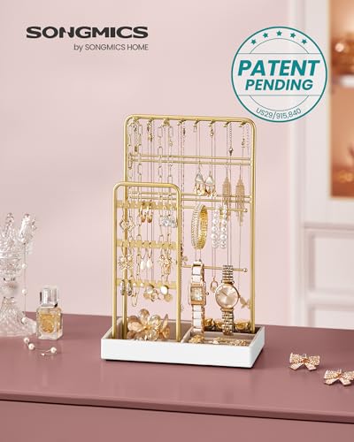 SONGMICS Necklace Holder, Jewelry Stand Holder Organizer, Jewelry Display with Metal Frame, Velvet Tray, Earring Bracelet Holder, for Gift Idea, 4.5 x 7.7 x 12.1 inch, Pale Gold UJJS021A01
