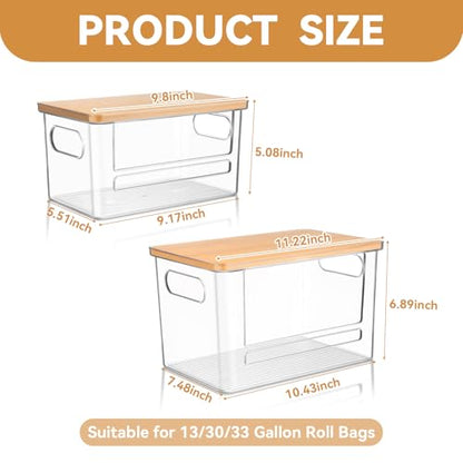 Trash Bag Holder Dispenser 2 Pack, Under Sink Organizer for Pantry, Kitchen | Acrylic Garbage Bag Dispenser, with Bamboo Top & Handles, Extra Large, Keep Onions and Potatoes Neat, Clear, Stackable, XL+S