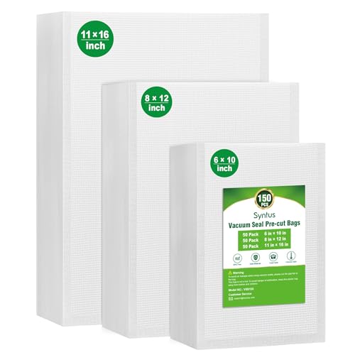 Syntus 150 Pcs Vacuum Sealer Bags for Food, 8x12+11x16+6x10, BPA Free | Precut Bags, 50 Quart + 50 Gallon + 50 Pint, Sous Vide Microwave Freezer Safe, Food Vacuum Storage, For All Vacuum Sealers