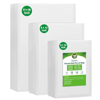 Syntus 150 Pcs Vacuum Sealer Bags for Food, 8x12+11x16+6x10, BPA Free | Precut Bags, 50 Quart + 50 Gallon + 50 Pint, Sous Vide Microwave Freezer Safe, Food Vacuum Storage, For All Vacuum Sealers