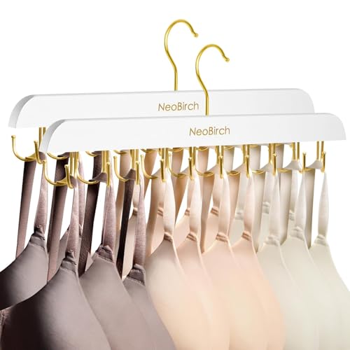 2 Pack White Wooden Bra Hanger Space Saving Closet Organizer for Tank Top | Multi golden hooks hold belts, caps,camis, swimwear, hats, ties,scarves and lingerie neatly 360° rotating non-Slip