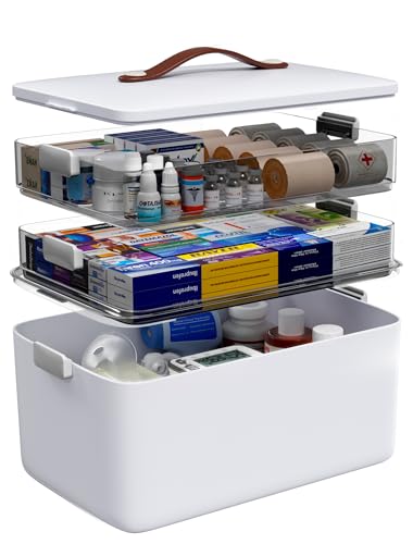 Medicine Organizer Box, 3-Tier Medicine Storage Box with Clear Trays and Carry Handle, Empty First Aid Kit Organizer for Pills, Bottles, Bandages, Home Cabinet