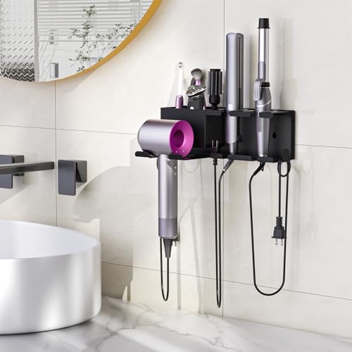 YSD Hair Dryer Holder Wall Mounted Metal Self Adhesive/Screw Organizer | 4 in 1 Hair Tool Organizer Blow Dryer Holder with Curling Iron and Straightener Holder for Bathroom, Black