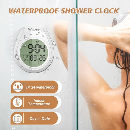 Shower Clock Waterproof Bathroom Timer, Kitchen Wall Clock with Countdown, Temperature, Suction Cup, Battery Operated Digital Clock for Bath, Cook
