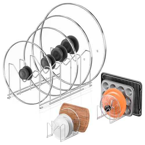 HzTinT 3 Pack Pot Lid Organizer, Holds 15 Lids, Plate & Cutting Board Rack | with Stainless Steel Build and Anti-Slip Pads, Lid Organizer for Cabinets, Drawers and Countertops, Silver