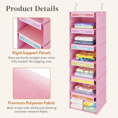 Lifewit 6 Shelf Weekly Hanging Clothes Storage Organizer for Kids, Pink | Closet Storage with Color Labels for School Outfits, Daily Clothing Divider with Days of The Week Monday to Friday Weekend