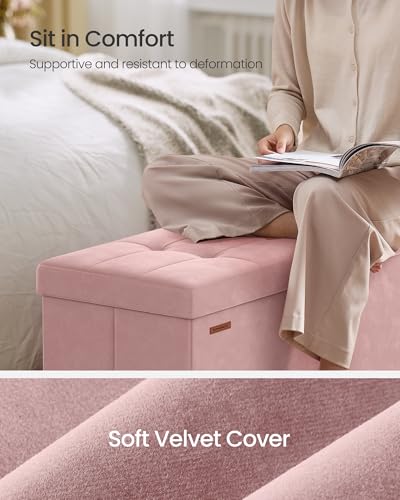 SONGMICS Storage Ottoman Bench, Folding Storage Chest, 15 x 43.3 x 15.7 Inches, Foot Rest Stool, 30 Gal. (112 L), Velvet Surface, for Bedroom, Entryway, Living Room, Jelly Pink ULSF0518R02