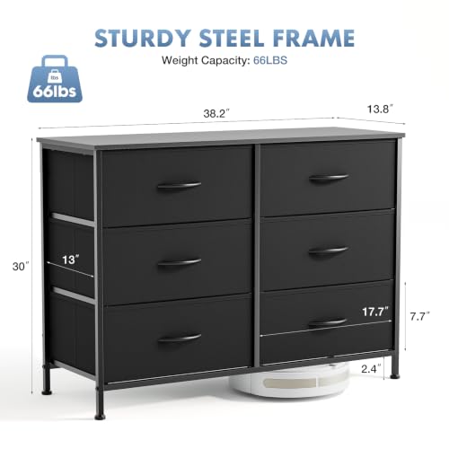 DUMOS 6 Drawer Dresser for Bedroom, Wide Storage Chest of Drawers Cabinet | Fabric Storage Organizer with Wooden Top, Wide Dresser Cabinet for Closet, Bedroom, Black
