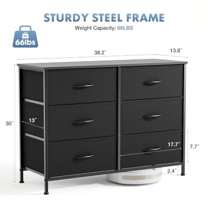 DUMOS 6 Drawer Dresser for Bedroom, Wide Storage Chest of Drawers Cabinet | Fabric Storage Organizer with Wooden Top, Wide Dresser Cabinet for Closet, Bedroom, Black