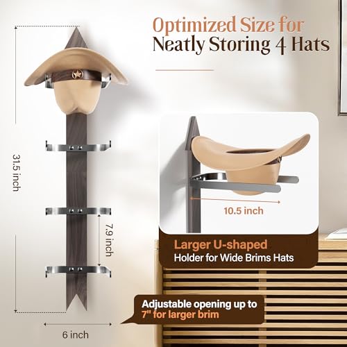 Cowboy Hat Rack for Wall, Cowboy Hat Holder Wall Mount Holds up to 4 Hats, Wooden Western Rustic Metal Hat Hanger with Arrow Sign Board, Hat Organizer for Western Hat, Fedora, Sun Hats (1 pack)
