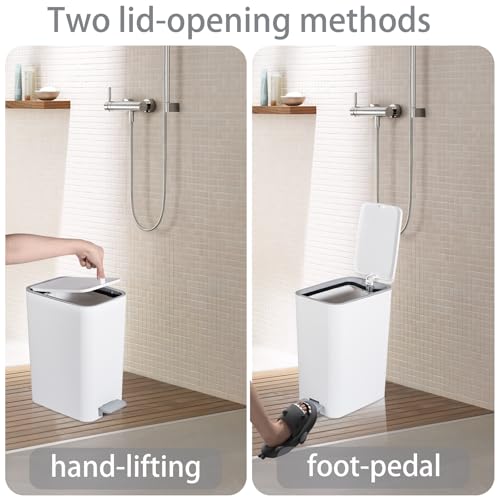Small Bathroom Trash Can with Lid, 2.1 Gallon Slim Step Trash Can, White | Mini Garbage Can with Handle for Bedroom, Office, Dorm, Narrow Plastic Wastebasket with Soft Close Pedal for Small Spaces