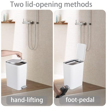 Small Bathroom Trash Can with Lid, 2.1 Gallon Slim Step Trash Can, White | Mini Garbage Can with Handle for Bedroom, Office, Dorm, Narrow Plastic Wastebasket with Soft Close Pedal for Small Spaces
