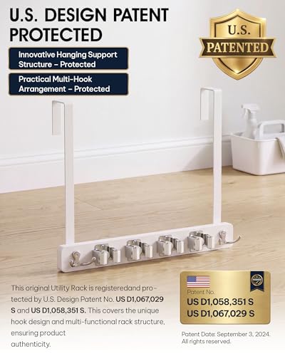 Lorbro Broom Holder Door Mount, Wood Over the Door Broom and Mop Holder | 4 Slots 4 Hooks, No Drill Setup, EVA Protection Pads, Secure Grip, Laundry Garage Closet Kitchen Use, White