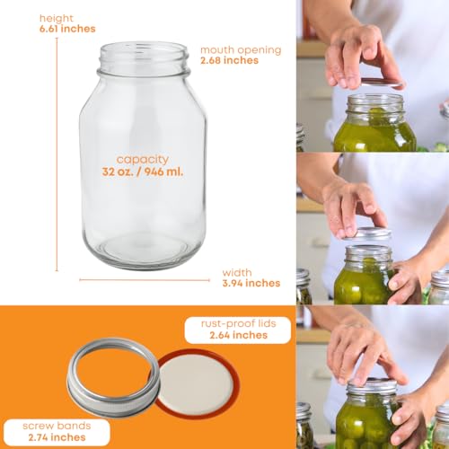 32 oz Mason Jars with Lids - 2-Pack Regular Mouth Quart Canning Set | Airtight 32oz Mason Jars | Quart Canning Jars for pickling, fermentation, food storage, crafts and kombucha brewing