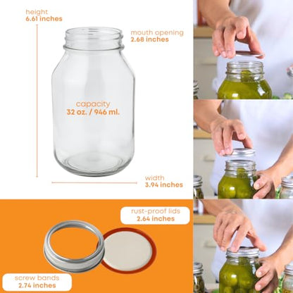 32 oz Mason Jars with Lids - 2-Pack Regular Mouth Quart Canning Set | Airtight 32oz Mason Jars | Quart Canning Jars for pickling, fermentation, food storage, crafts and kombucha brewing