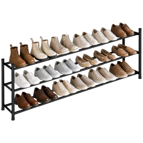 STORAGE MANIAC Long Expandable Shoe Rack, 18 Pairs Metal Wide Stackable Shoe Rack, Adjustable Shoes Shelf, Freestanding Shoes Organizer for Closet, Entryway, Hallway, Garage, Front Door, 3 Tiers