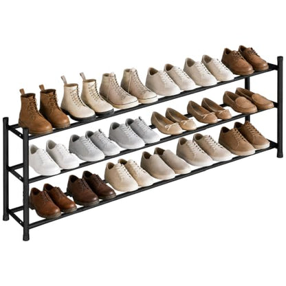 STORAGE MANIAC Long Expandable Shoe Rack, 18 Pairs Metal Wide Stackable Shoe Rack, Adjustable Shoes Shelf, Freestanding Shoes Organizer for Closet, Entryway, Hallway, Garage, Front Door, 3 Tiers