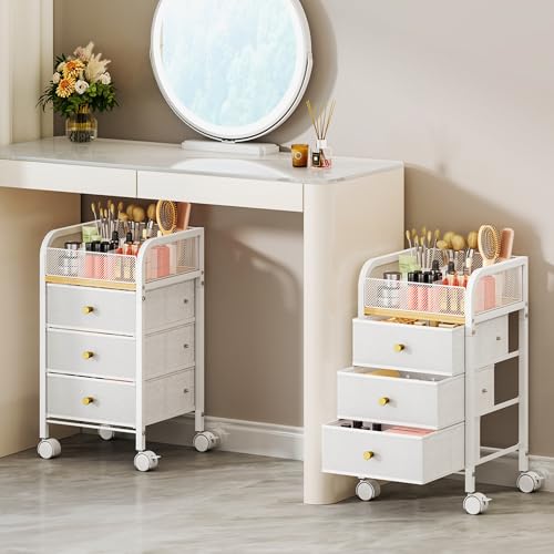 SWTYMIKI Rolling Makeup Organizer Cart - Under Desk Vanity Makeup Storage with 3 Non-woven Drawers, Nail Cart Organizer Cosmetic Display Cases Cabinet for Skin Care Perfume Nail Polish Brush Hair Tool