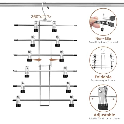 Pants Hangers with Clips,Space Saving Hanging Closet Organizer-6 Tiers Skirt Hangers with 360° Swivel Hook,Closet Organizer-Clothes Hangers- College Dorm Essentials Apartment Essentials- 4 Pack