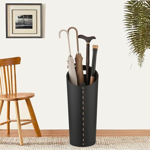 Black Umbrella Holer for Entryway with Drip Tray and 2 Steel Hooks Leahter Tall 22.44 Inches Umbrella Stand Rack Indoor Can Store 10 Golf Umbrellas or Crutches Toy Swords etc