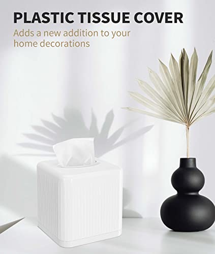 Tissue Box Cover with Base, Square Plastic Tissue Box Holder Decorative Tissue Cover Modern Cube Facial Tissue Dispenser for Bathroom Vanity Countertop, Living Room, Bedroom, Office - White