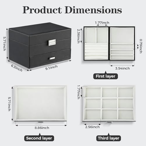 Jewelry Organizer Box, Large Jewelry Boxes for Women Girls, Space-Saving 3 Layers Jewelry Storage Case with Drawer, Movable Metal Stand, Modern, Gift Idea (Black)