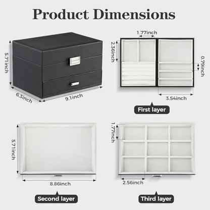 Jewelry Organizer Box, Large Jewelry Boxes for Women Girls, Space-Saving 3 Layers Jewelry Storage Case with Drawer, Movable Metal Stand, Modern, Gift Idea (Black)