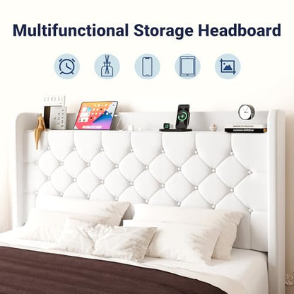 Allewie Queen Size Bed Frame, Storage Headboard with Charging Station, Wingback Velvet Upholstered, Diamond Stitched Button Tufted, Sturdy Wooden Slats, No Box Spring Needed, Easy Assembly, White