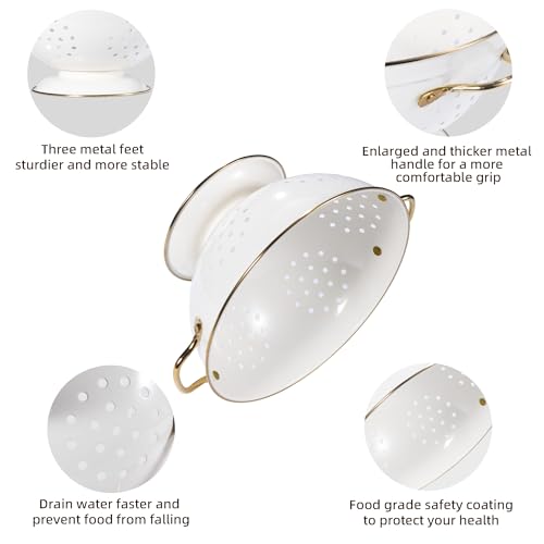 Metal Colander Set of 3, Strainer Basket with Handles perfect for Spaghetti, Pasta, Berry, Vegetable, Fruit, Solid Base Powder Coated Kitchen Essential Strainer Set, 1 & 3.5 & 5 Qt (Cream)