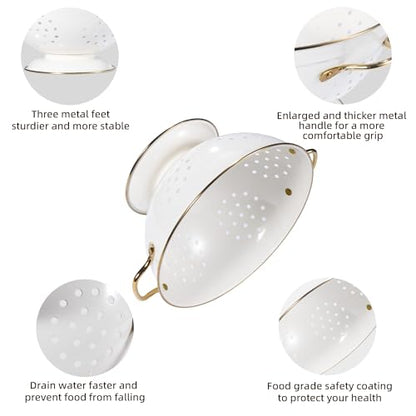 Metal Colander Set of 3, Strainer Basket with Handles perfect for Spaghetti, Pasta, Berry, Vegetable, Fruit, Solid Base Powder Coated Kitchen Essential Strainer Set, 1 & 3.5 & 5 Qt (Cream)