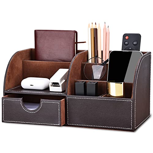 Pu Leather Desk Organizer Pen Pencil Holder Office Supplies Caddy Storage Box 6 Compartments with Drawer Brown