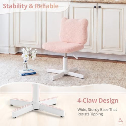 LUE BONA Cute Bear Ear Vanity Chair for Teen Girls - Height Adjustable 13.8"-18.9" Swivel Stool with Back Support, Teddy Velvet Makeup Ottoman, 300lbs, Light Pink