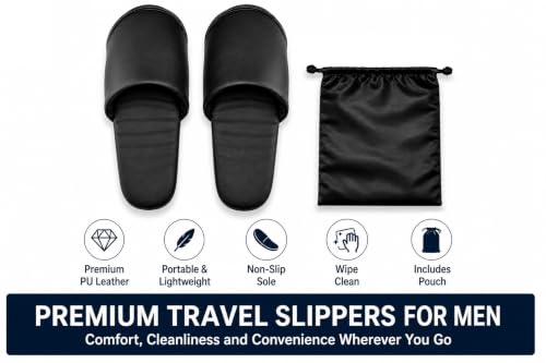 Premium Travel Slippers for Men, Foldable PU Leather Indoor Shoes with Storage Pouch, Non-Slip Portable Hotel & Airplane Slippers, Wipe-Clean Business Travel House Shoes, Black, Fits Up to US Men's 11