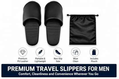 Premium Travel Slippers for Men, Foldable PU Leather Indoor Shoes with Storage Pouch, Non-Slip Portable Hotel & Airplane Slippers, Wipe-Clean Business Travel House Shoes, Black, Fits Up to US Men's 11