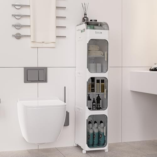4-Tiers Toilet Paper Storage, Slim Bathroom Organizers and Storage, Bathroom Counter Organizer, Bathroom Organizer Storage Cabinet, Portable Laundry Room Organization, Plastic White Clear Doors