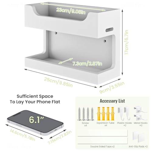 NiHome Bedside Wall Shelf Organizer, Wood 2-Tier Floating Nightstand, White | Dual Mount Adhesive Or Screw, 4 DIY Hooks, Cell Phone Glasses Holder, College Dorm Room Essentials