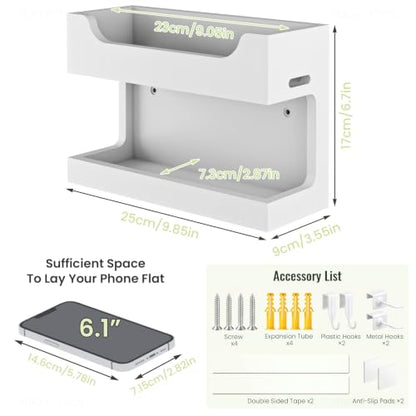 NiHome Bedside Wall Shelf Organizer, Wood 2-Tier Floating Nightstand, White | Dual Mount Adhesive Or Screw, 4 DIY Hooks, Cell Phone Glasses Holder, College Dorm Room Essentials